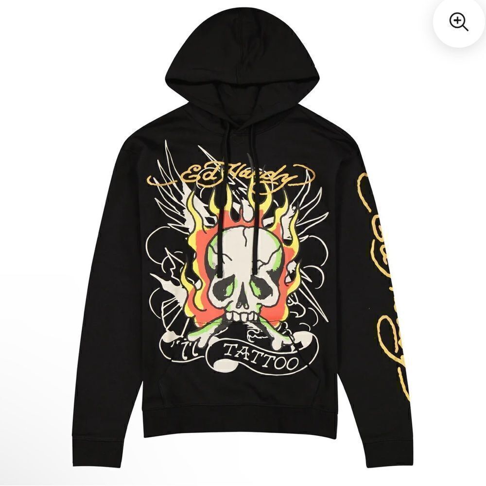 NWT New Ed Hardy Fire Skull Black Tatoo Pullover Hoodie. Medium. Unisex